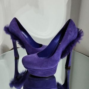 Yves Saint Laurent Palais Mohawk Blue Suede Platform Pumps Fur Size 37